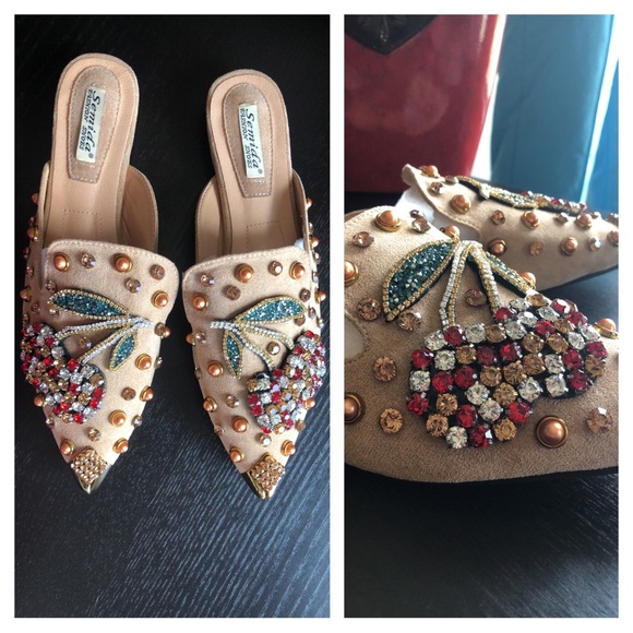 Cherry Rhinestone Khaki Metal Pointed Closed Toe Loafers - Picture 11 of 17